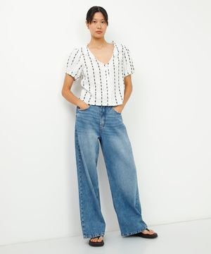 calça wide leg jeans relaxed cintura média azul