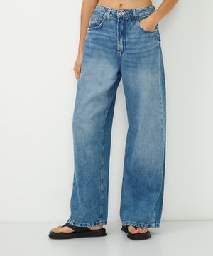 calça wide leg jeans relaxed cintura média azul