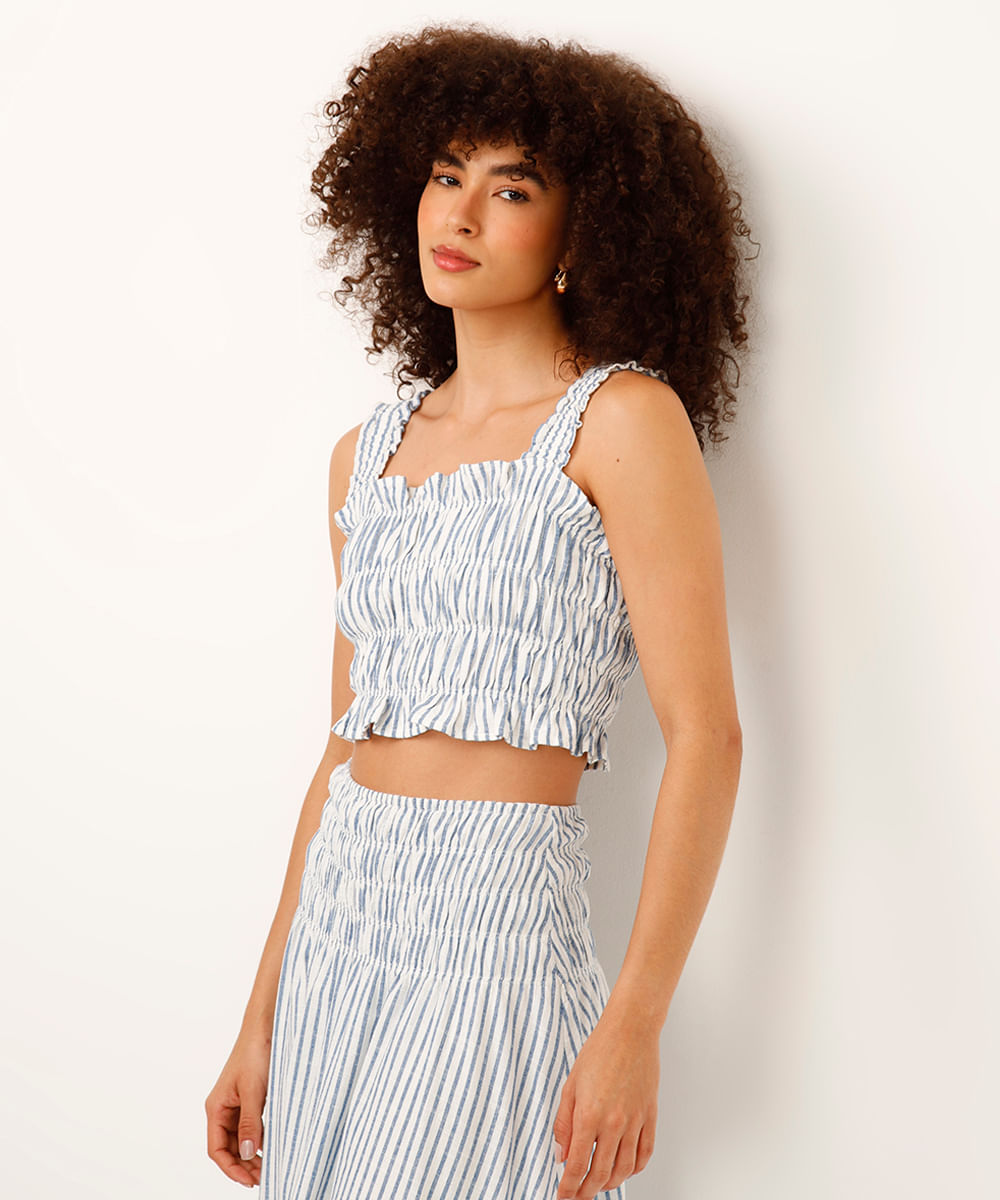 cropped de algodão com babados listrado azul