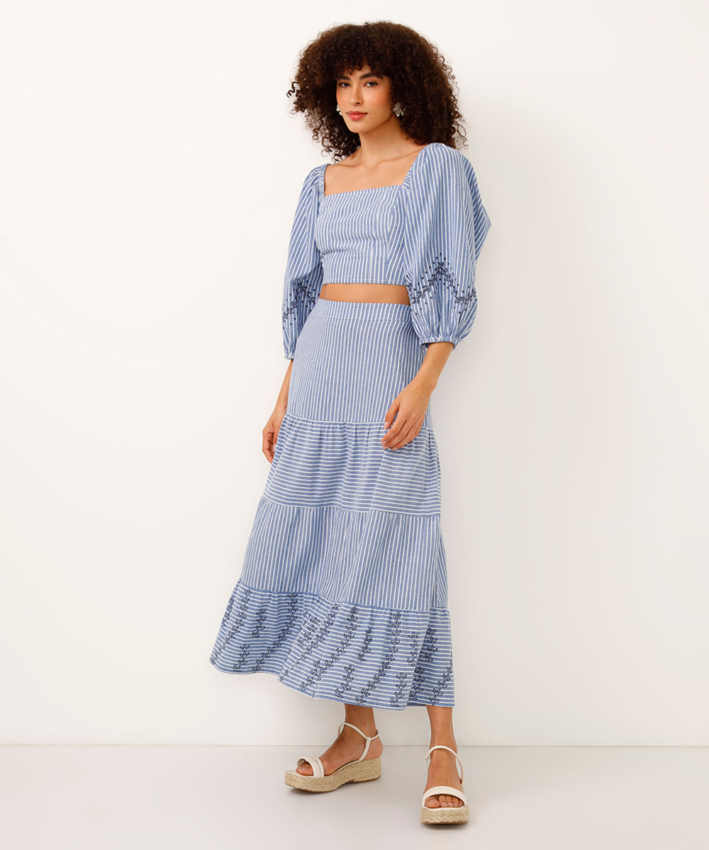 cropped manga bufante listrado floral azul