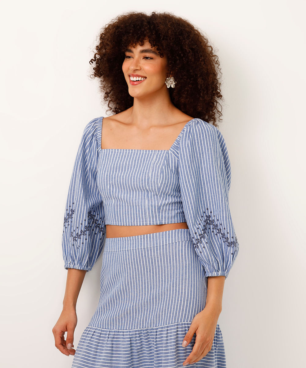 cropped manga bufante listrado floral azul