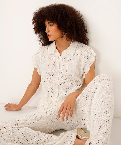 camisa oversized de tricot floral off white