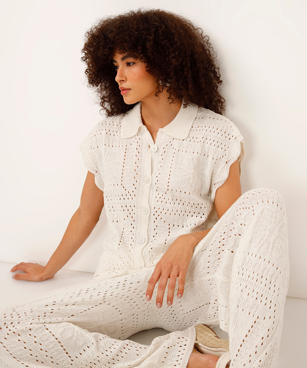camisa oversized de tricot floral off white