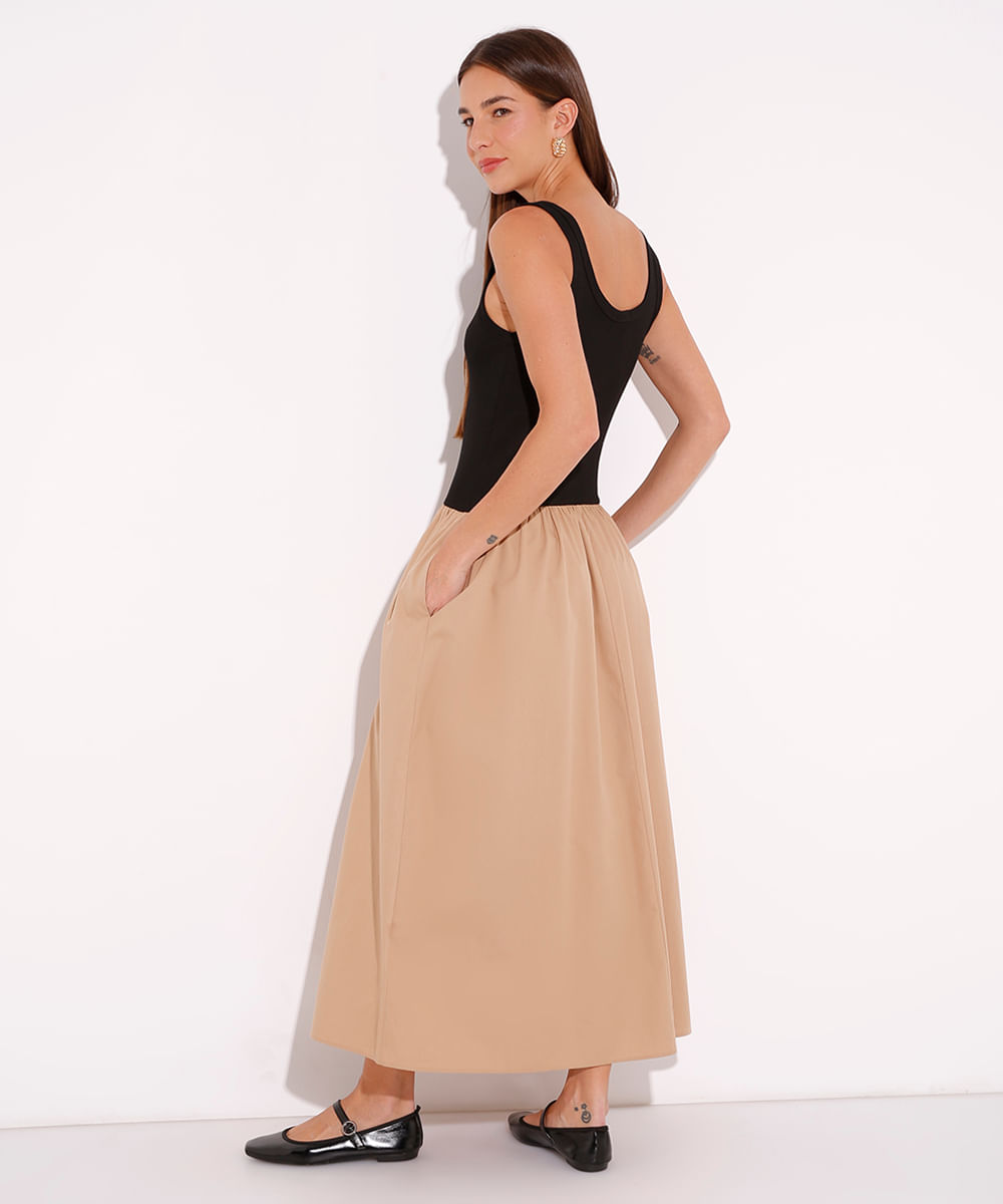 vestido midi de algodão com bolsos mindset bege