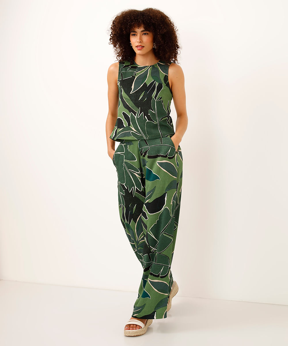 regata decote redondo texturizada folhagem verde