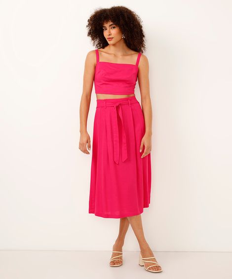 saia midi com linho e amarração rosa