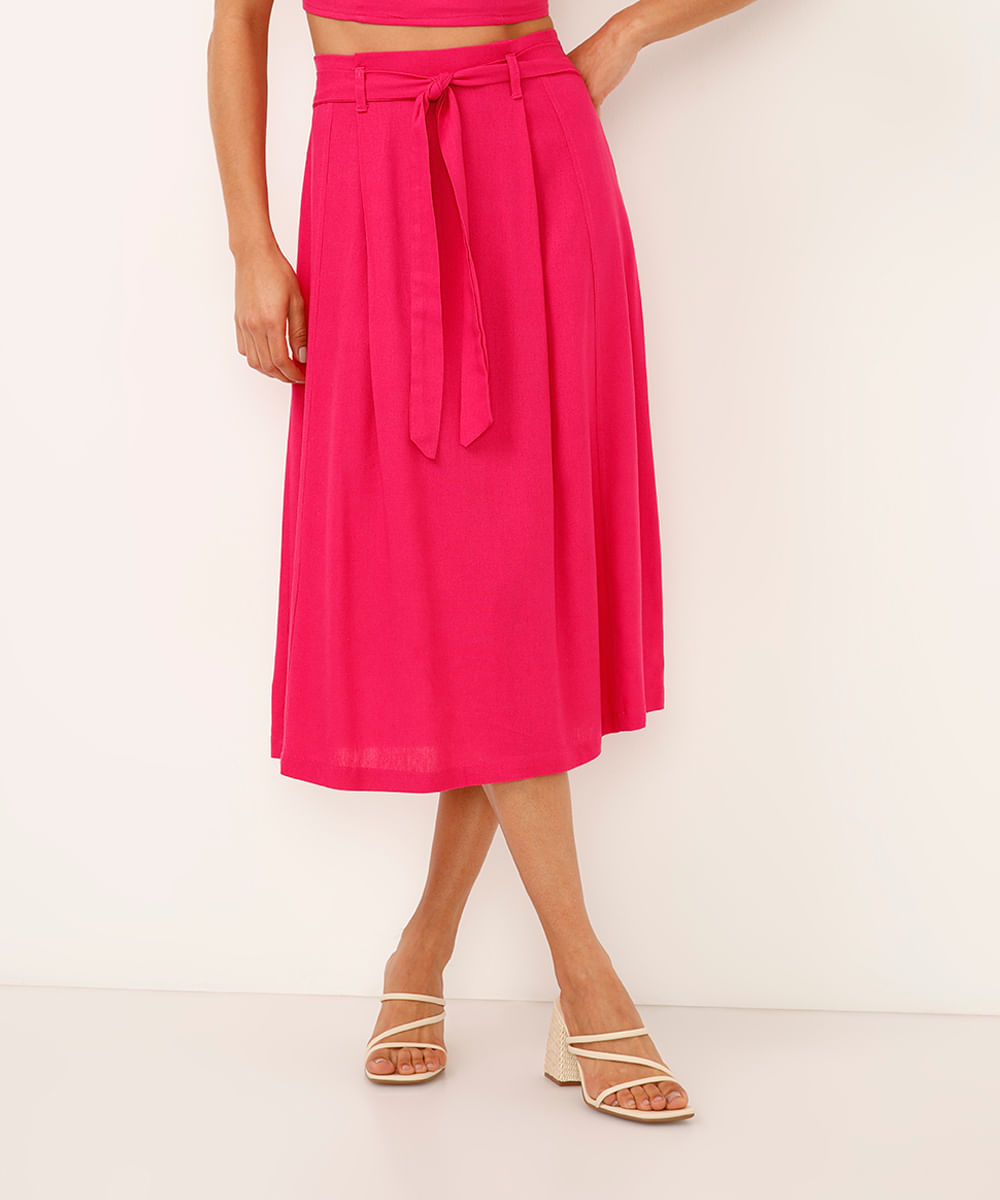 saia midi com linho e amarração rosa
