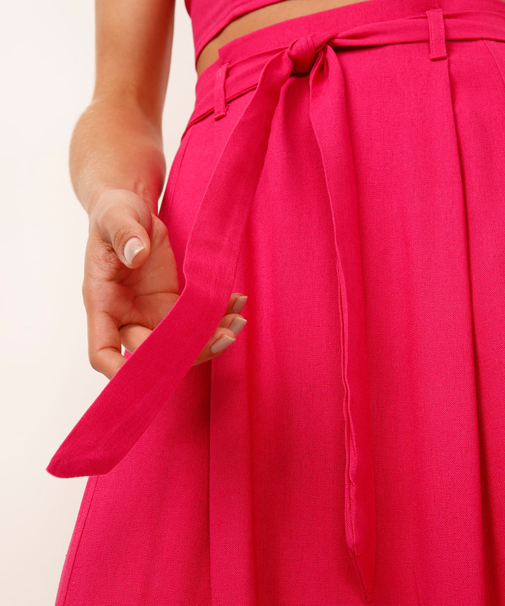 saia midi com linho e amarração rosa