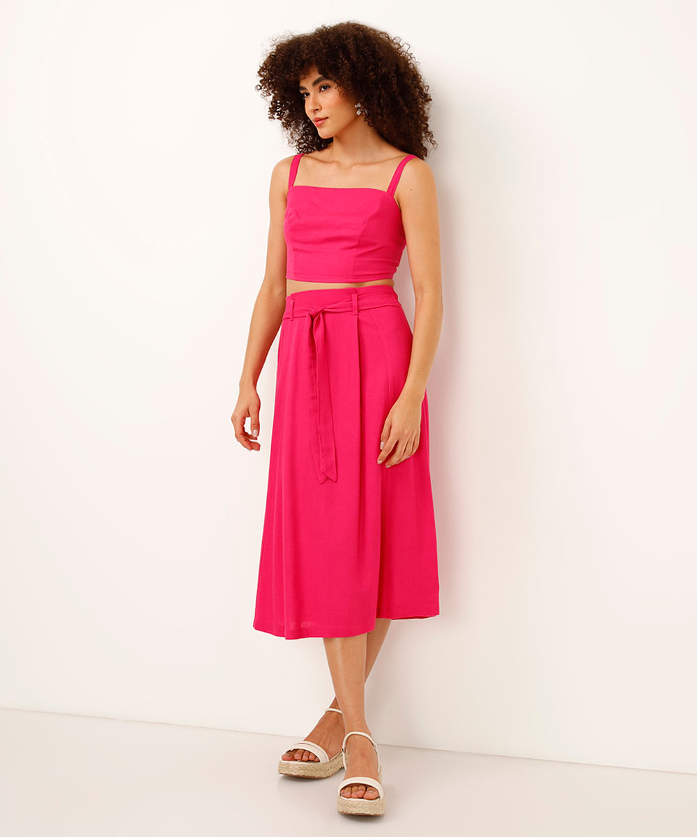 cropped de linho alça fina rosa
