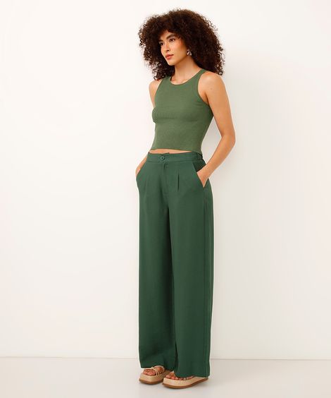 calça wide leg de viscose cintura alta verde