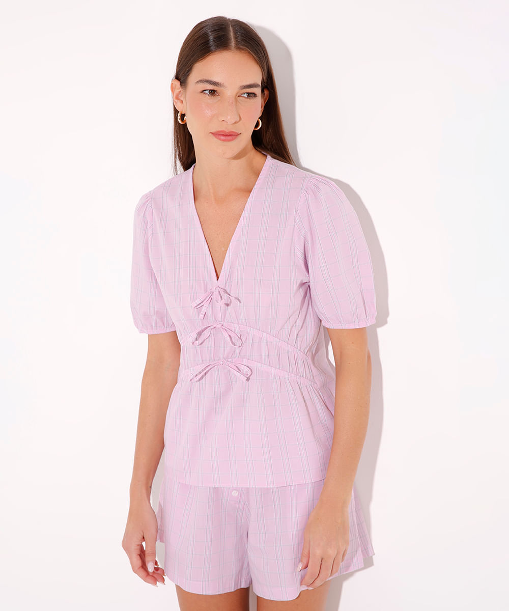 blusa xadrez manga bufante mindset rosa