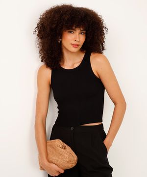 cropped de tricot canelado preto