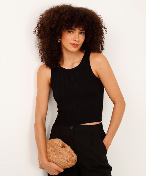 cropped de tricot canelado preto