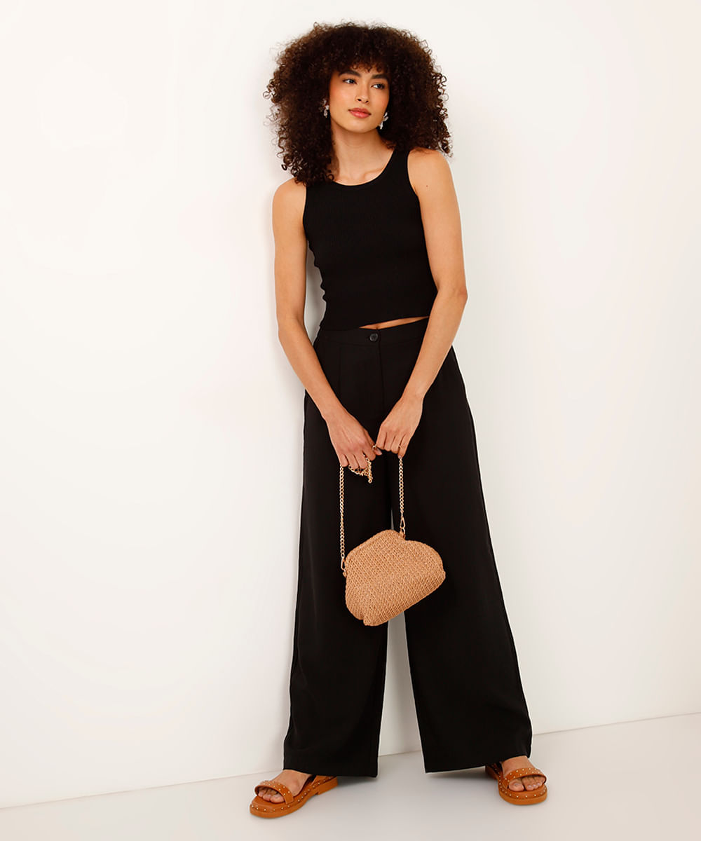 cropped de tricot canelado preto