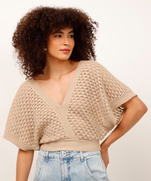 cropped de tricot manga ampla com amarração bege