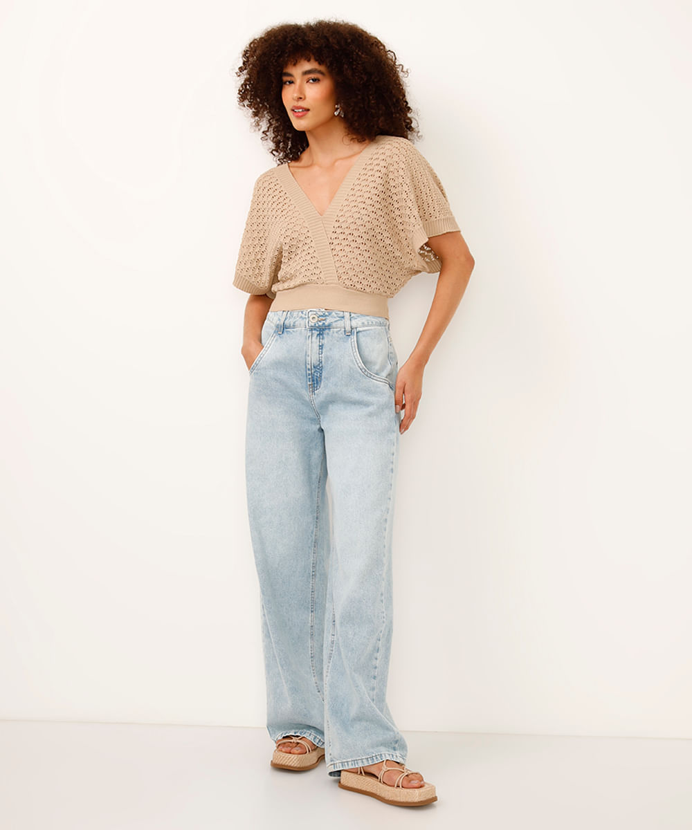cropped de tricot manga ampla com amarração bege