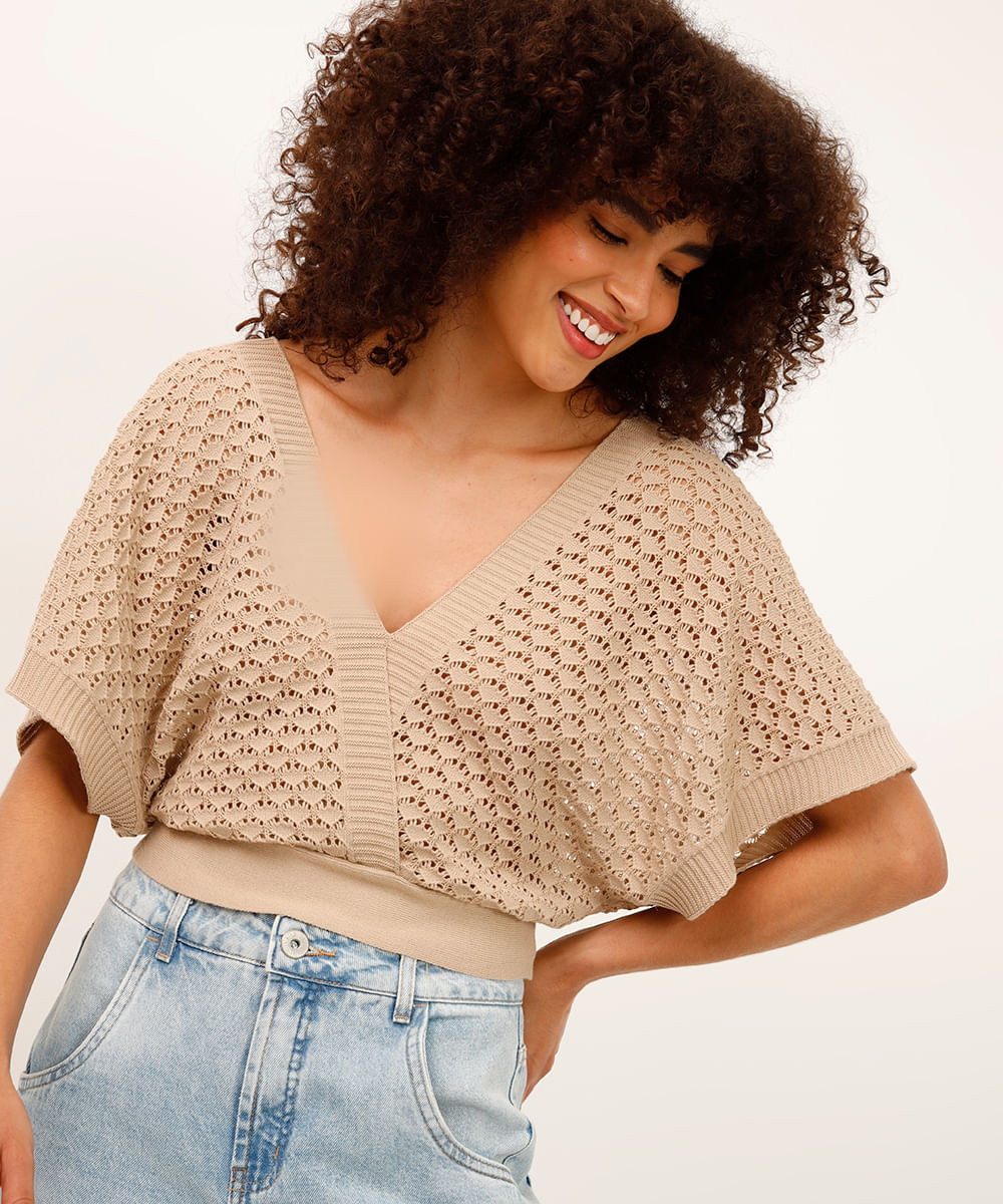 cropped de tricot manga ampla com amarração bege