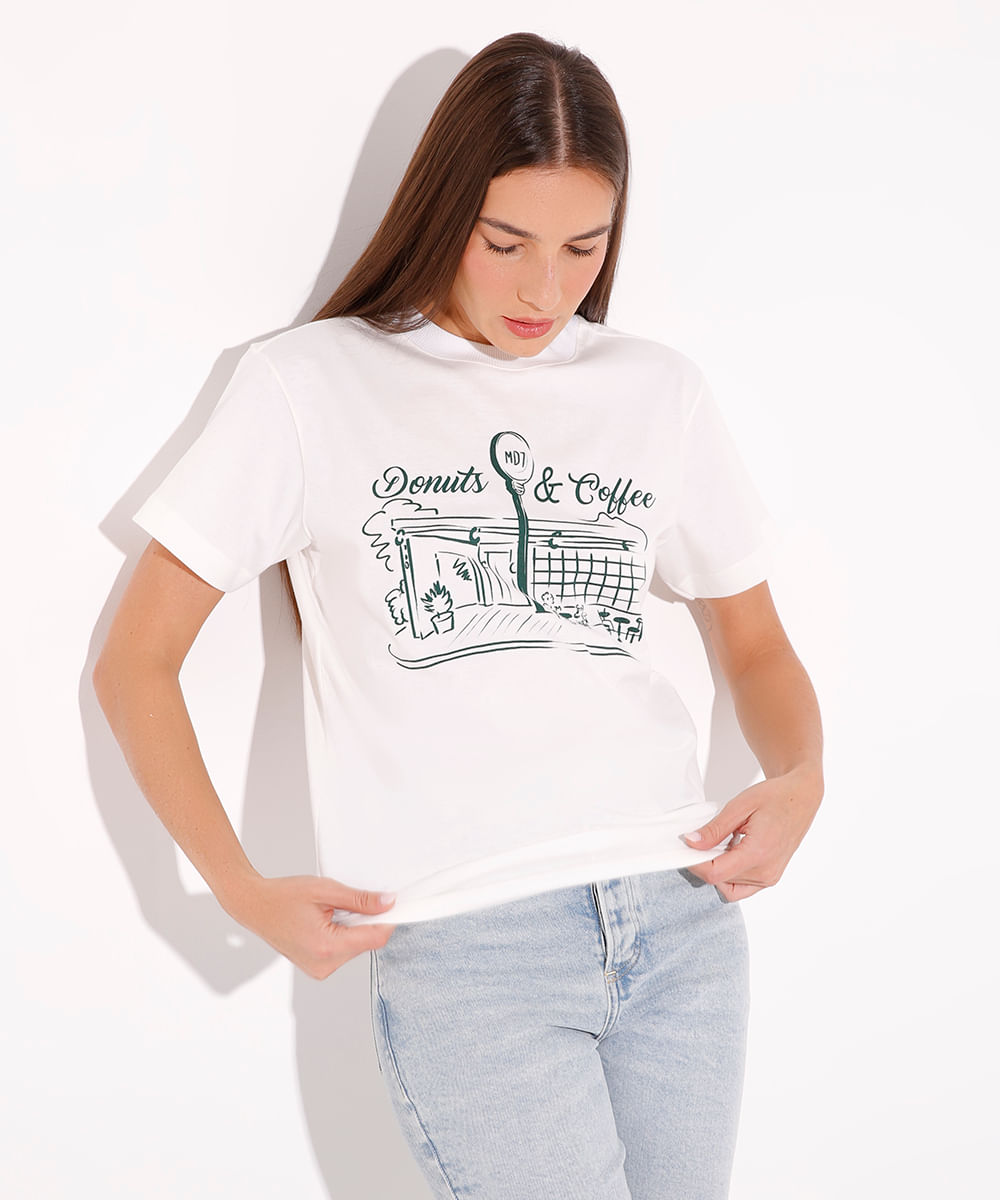 camiseta de algodão donuts e coffee mindset off white