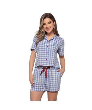 Pijama Americano Feminino Cropped Estampa Vichy Luna Cuore Azul