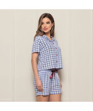 Pijama Americano Feminino Cropped Estampa Vichy Luna Cuore Azul