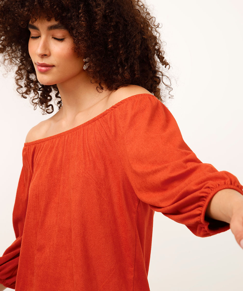 blusa de suede ombro a ombro manga bufante laranja