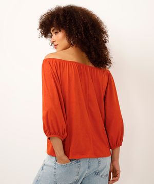 blusa de suede ombro a ombro manga bufante laranja