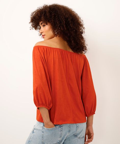 blusa de suede ombro a ombro manga bufante laranja