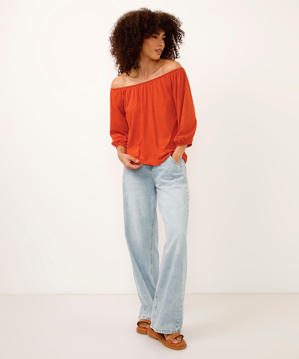 blusa de suede ombro a ombro manga bufante laranja