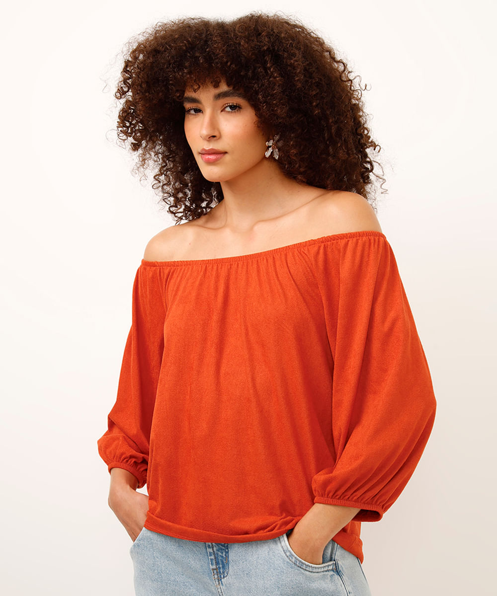 blusa de suede ombro a ombro manga bufante laranja