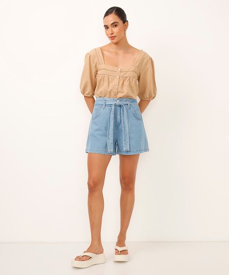 short clochard jeans cintura alta cinto faixa azul