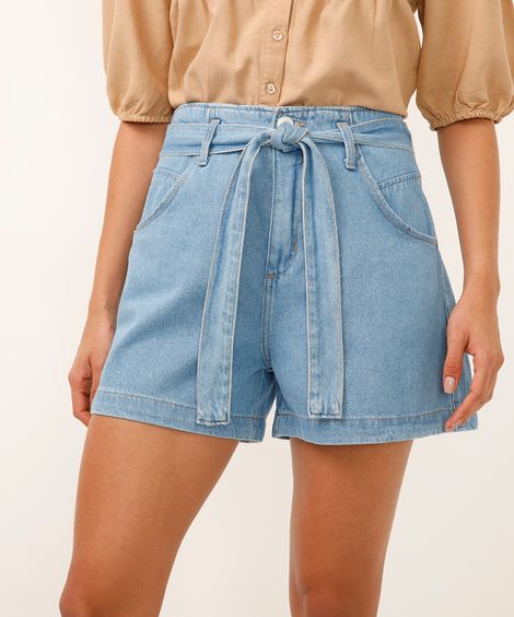 short clochard jeans cintura alta cinto faixa azul