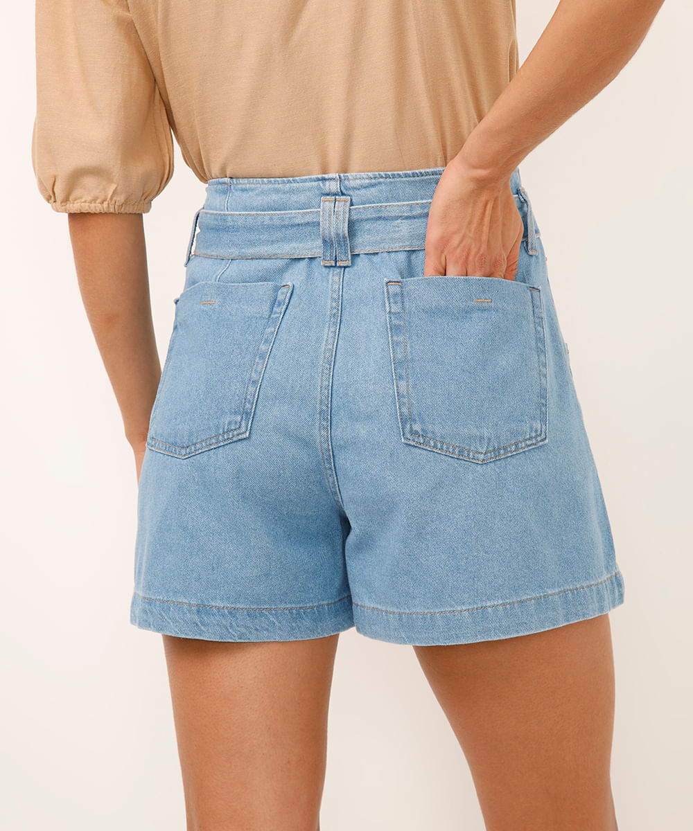 short clochard jeans cintura alta cinto faixa azul