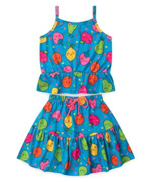 Conjunto Verão Menina Infantil Hawaii Cropped e Saia com Babado Frutas Molekada Azul