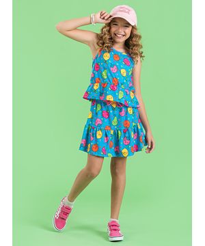 Conjunto Verão Menina Infantil Hawaii Cropped e Saia com Babado Frutas Molekada Azul