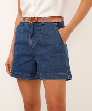 short clochard jeans cintura alta com cinto azul