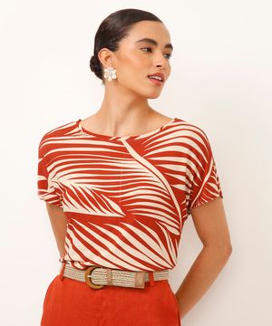 blusa de viscose folhagem decote canoa laranja