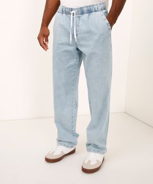 calça jogger jeans cós com elástico e cordão azul