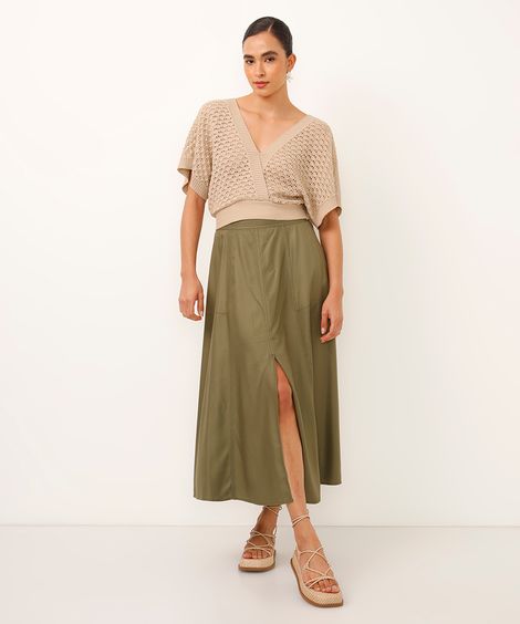 saia midi godê de viscose com fenda cintura alta verde