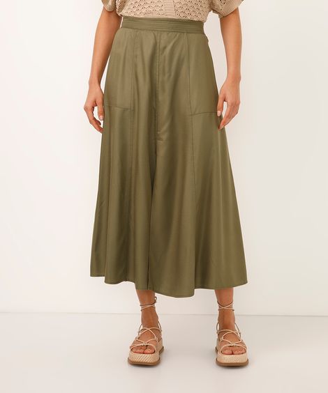 saia midi godê de viscose com fenda cintura alta verde