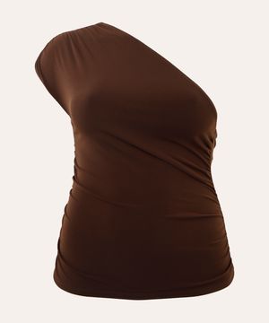 blusa ombro único com franzido plus size mindset marrom