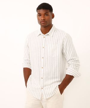 camisa comfort com linho listrada off white