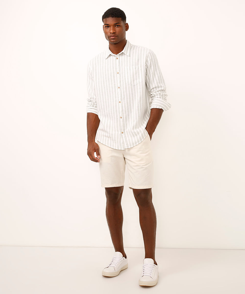 camisa comfort com linho listrada off white