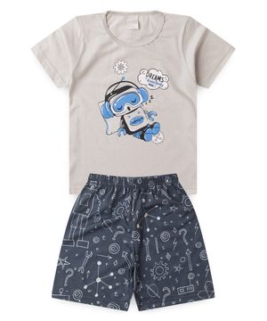 Pijama Verão Menino Infantil Cinza Camiseta e Bermuda Robô Sonolento Molekada