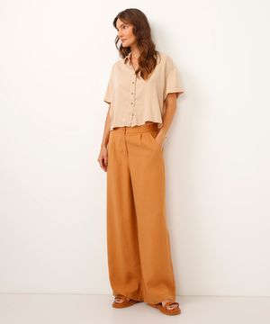 calça wide leg de viscose cintura alta com elástico - bege