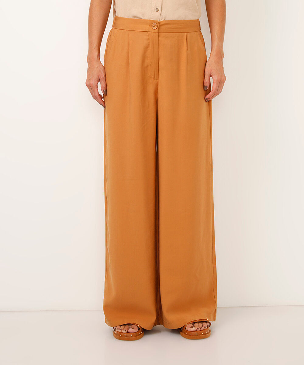 calça wide leg de viscose cintura alta com elástico - bege