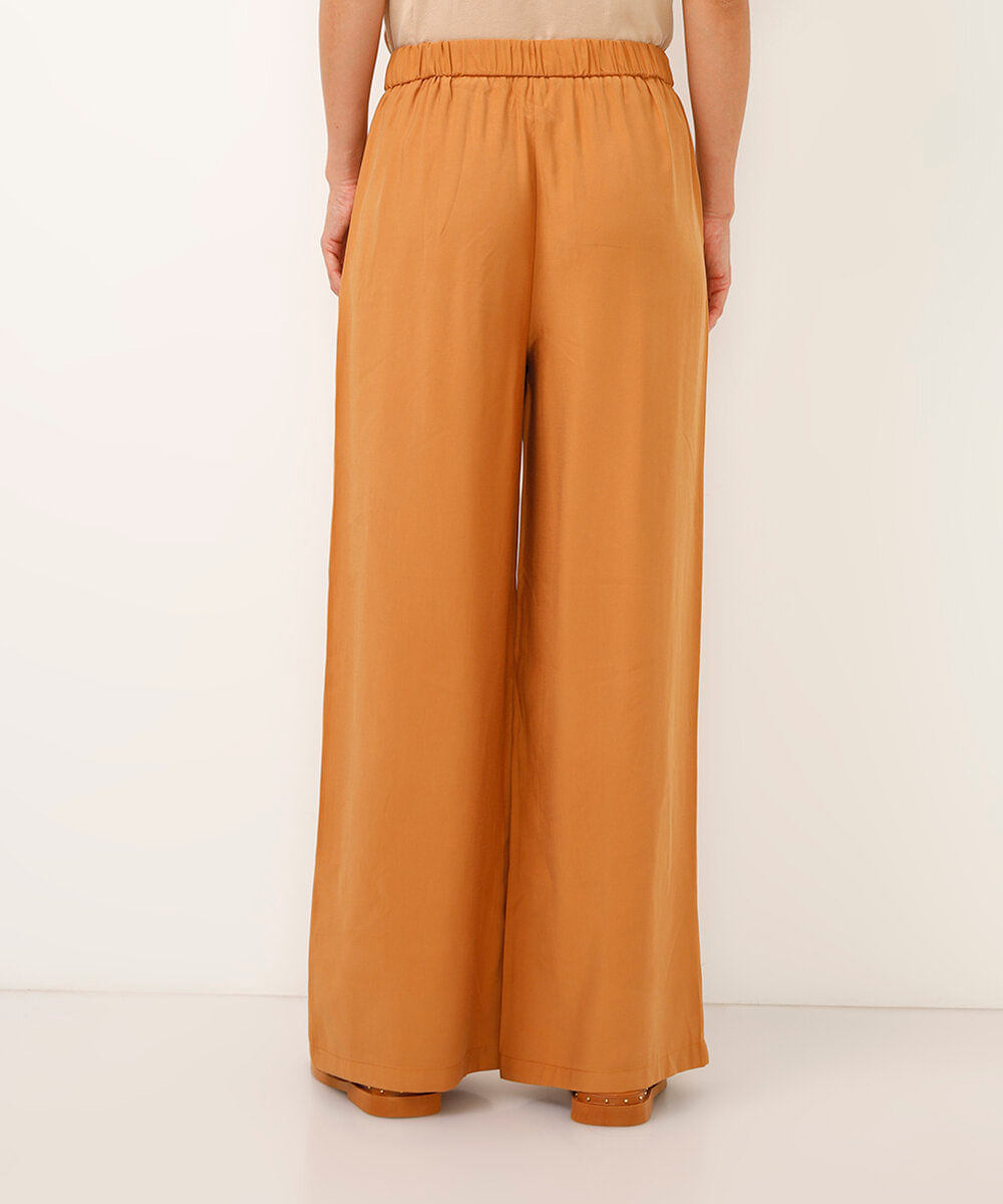 calça wide leg de viscose cintura alta com elástico - bege