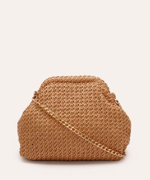 bolsa clutch de palha alça de corrente bege