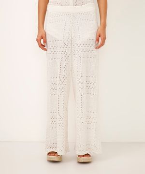 calça pantalona de tricot floral texturizada off white