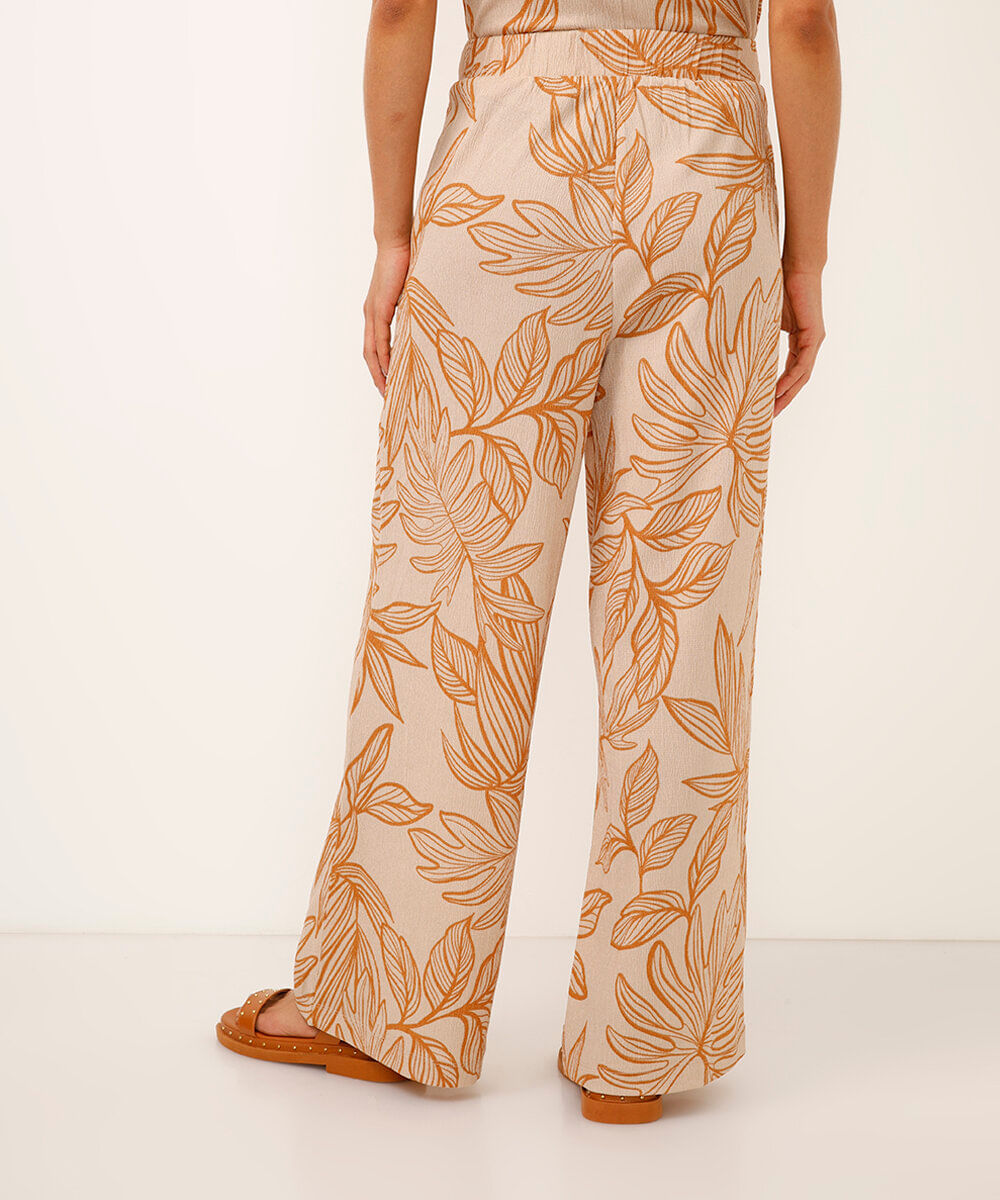 calça wide leg texturizada folhagem bege