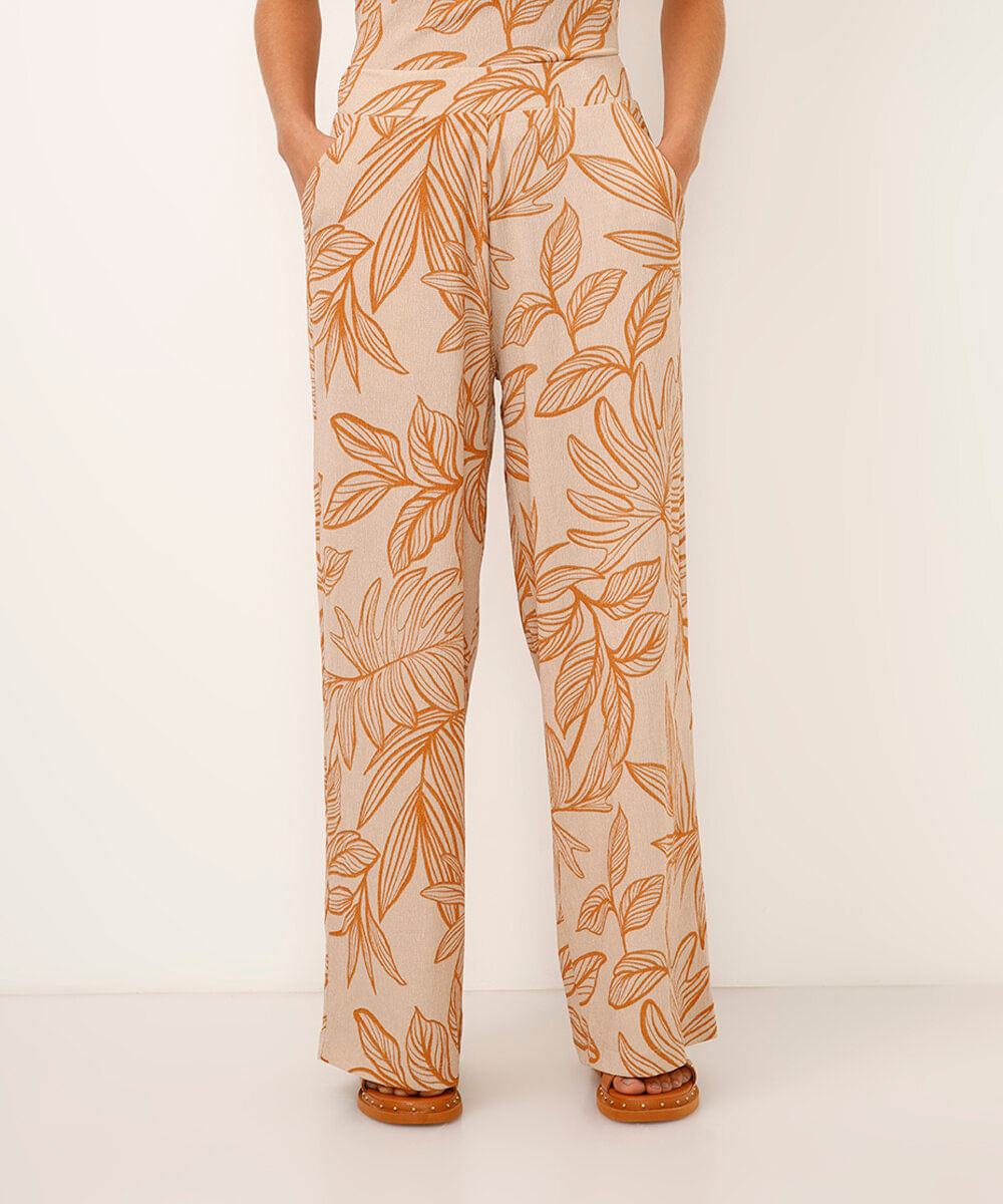 calça wide leg texturizada folhagem bege